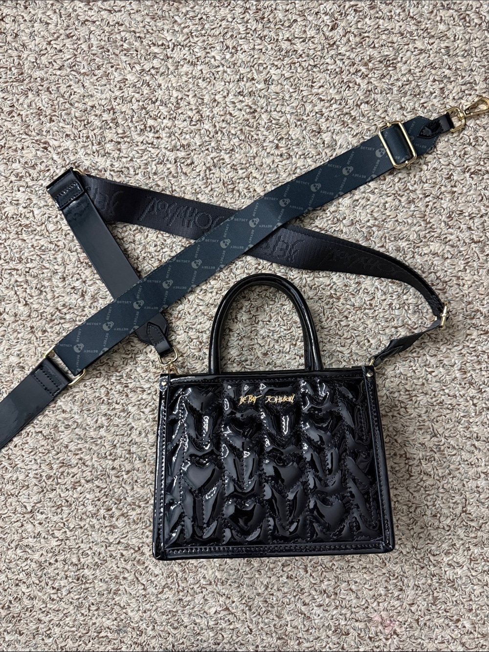 NWOT Betsey Johnson Black Patent Mini Satchel with Logo Strap & skull strap